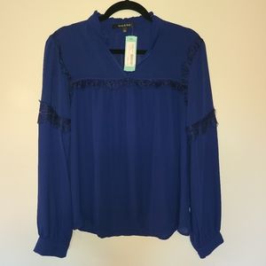 NWT blue blouse large lace sheer long sleeve